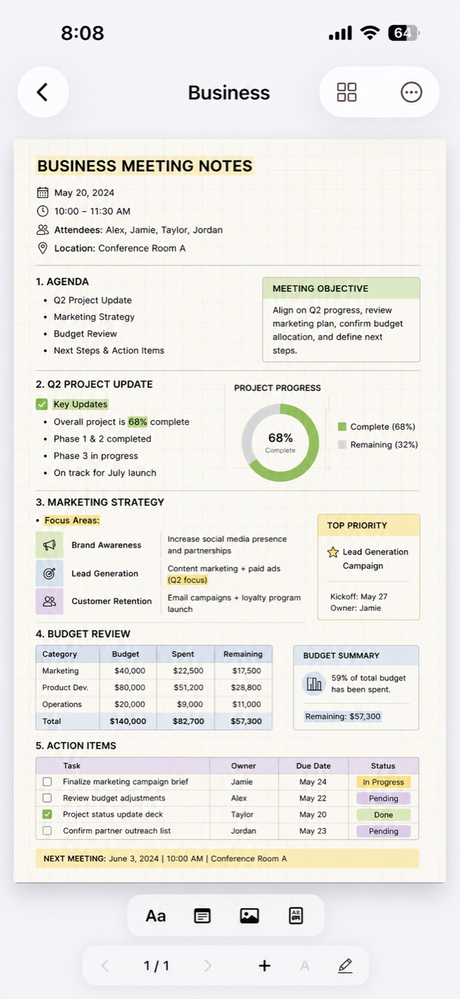 A detailed business meeting notes page in Serious Notebook with agenda, charts and action items