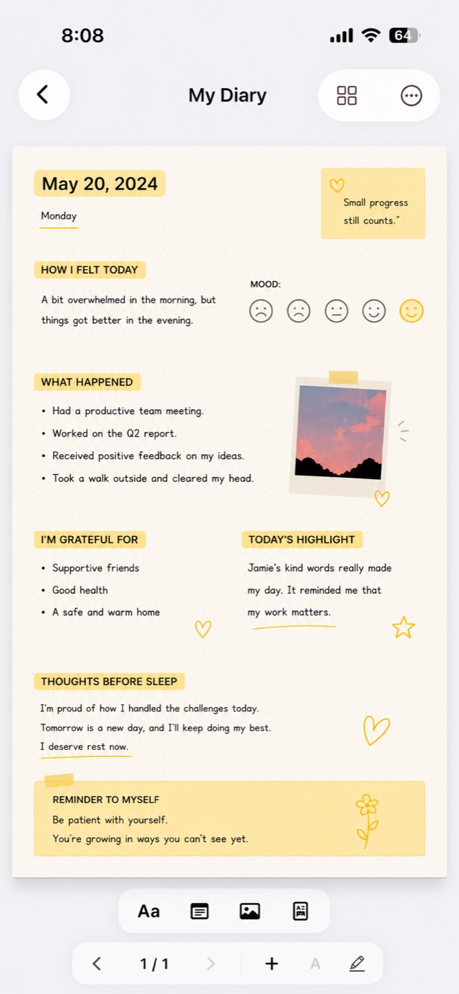 A handwritten diary page in Serious Notebook with mood, photos and reflections