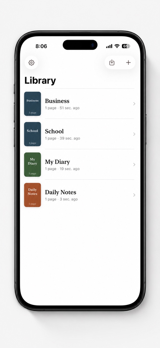 Serious Notebook library on iPhone showing Business, School, My Diary and Daily Notes notebooks