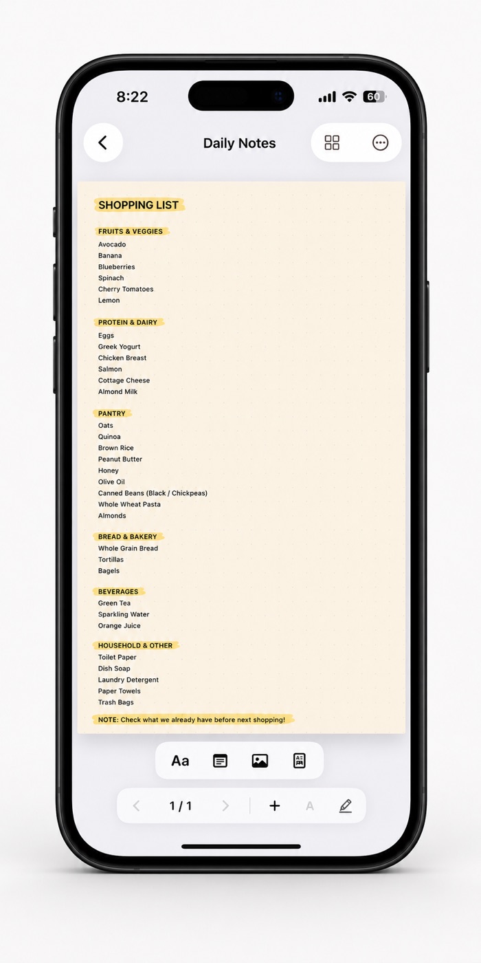 A shopping list page in Serious Notebook grouped by category